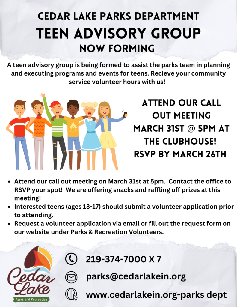 A teen advisory group is being formed to assist the parks team in planning and executing programs and events for teens. Received your community service volunteer hours with us! Attend our call out meeting on March 31st at 5pm. We are offering snacks and raffling off prizes at this meeting.